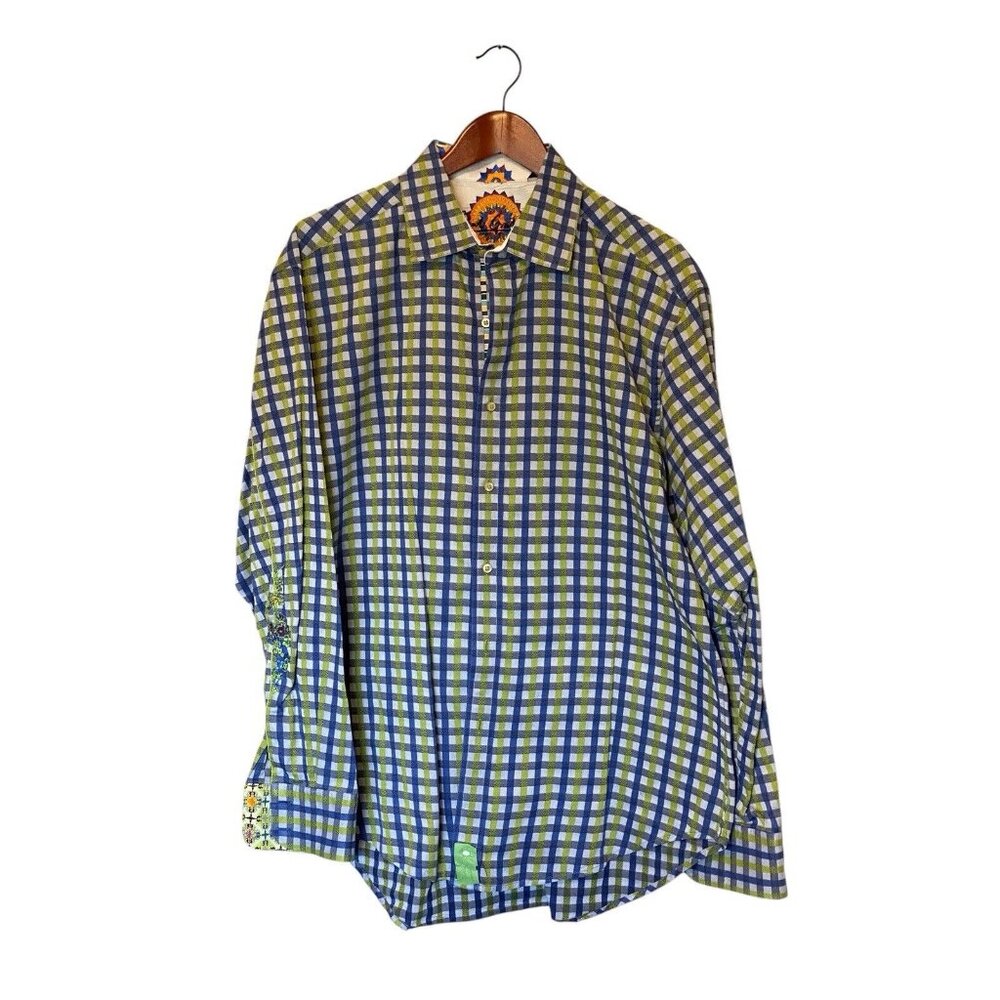Robert Graham Men's Blue Green White Striped Long Embroidery Button Up Shirt XL